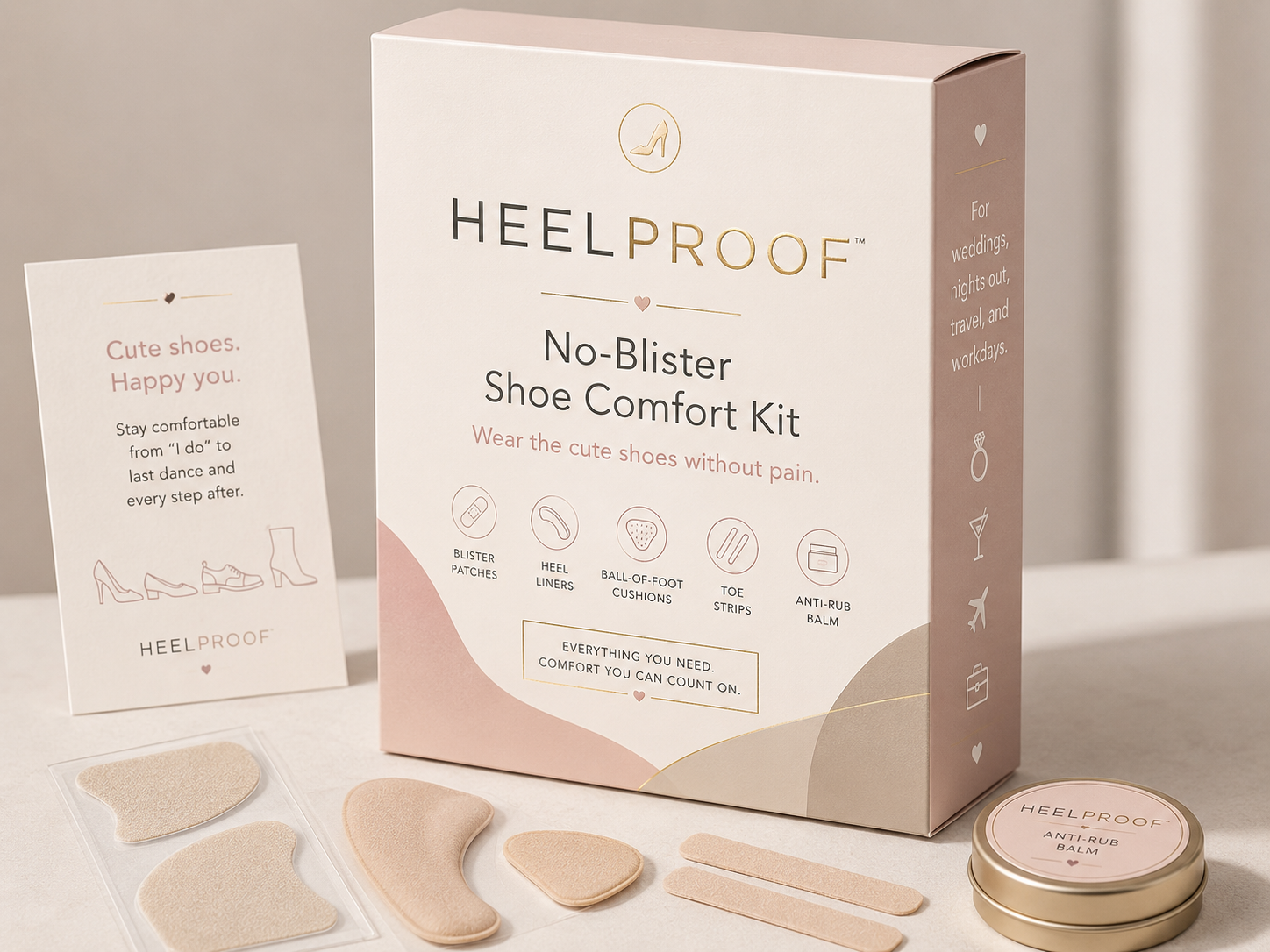 HEELPROOF no-blister shoe comfort kit packaging with pouch essentials